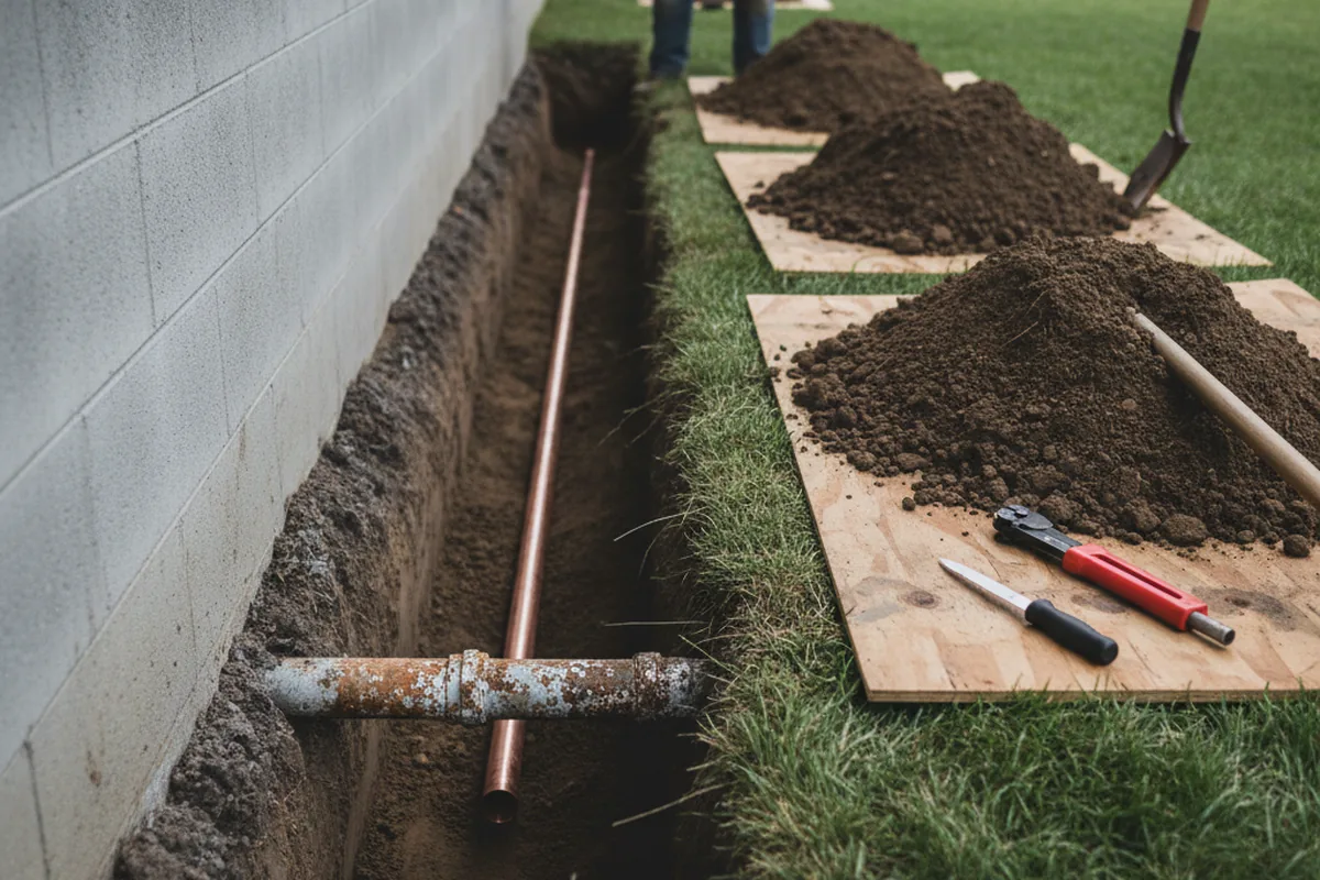 Excavated water line trench during Water Heater Repair in Gray